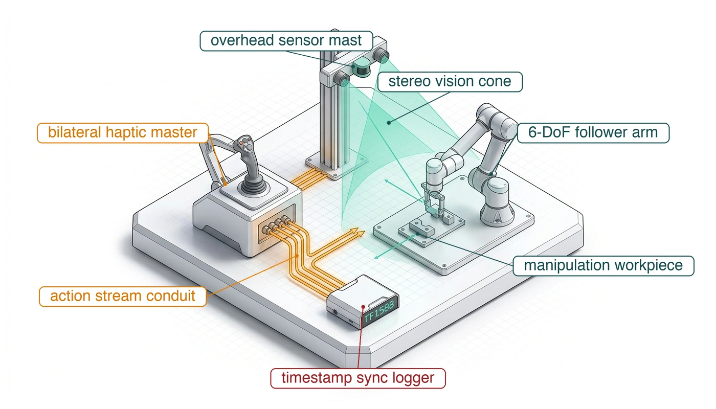 Isometric blueprint showing the physical data and ingestion pipeline: bilateral teleoperation leader arm, 6-axis operator load cell, calibrated stereo vision sensor head, micro-lidar rangefinder, optical calibration checkerboard, and deterministic flash logger.