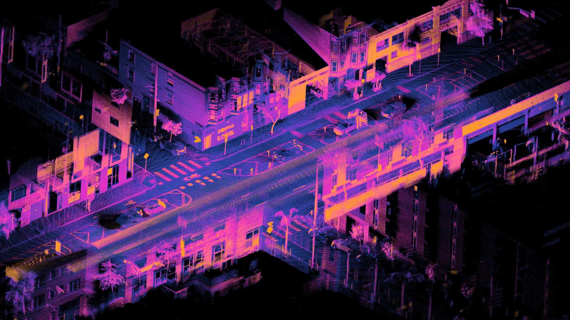 Dense point cloud of a city street intersection seen from above at an angle, colored from dark blue through magenta to orange, showing parked cars, road markings, building facades, and trees.