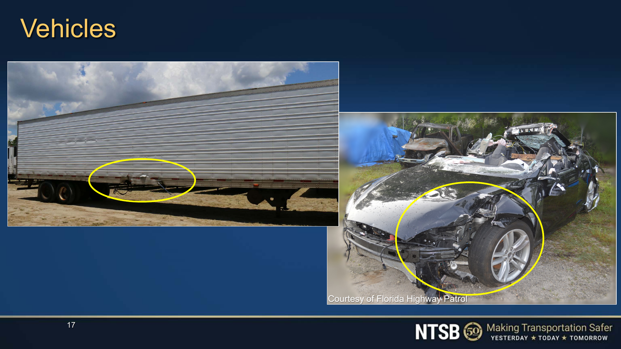 NTSB slide with two photographs: left, a refrigerated semitrailer with damage low on its right side; right, a heavily damaged roofless Tesla. Yellow ovals mark damage areas. The photos do not show the vehicles' motion or collision angle.
