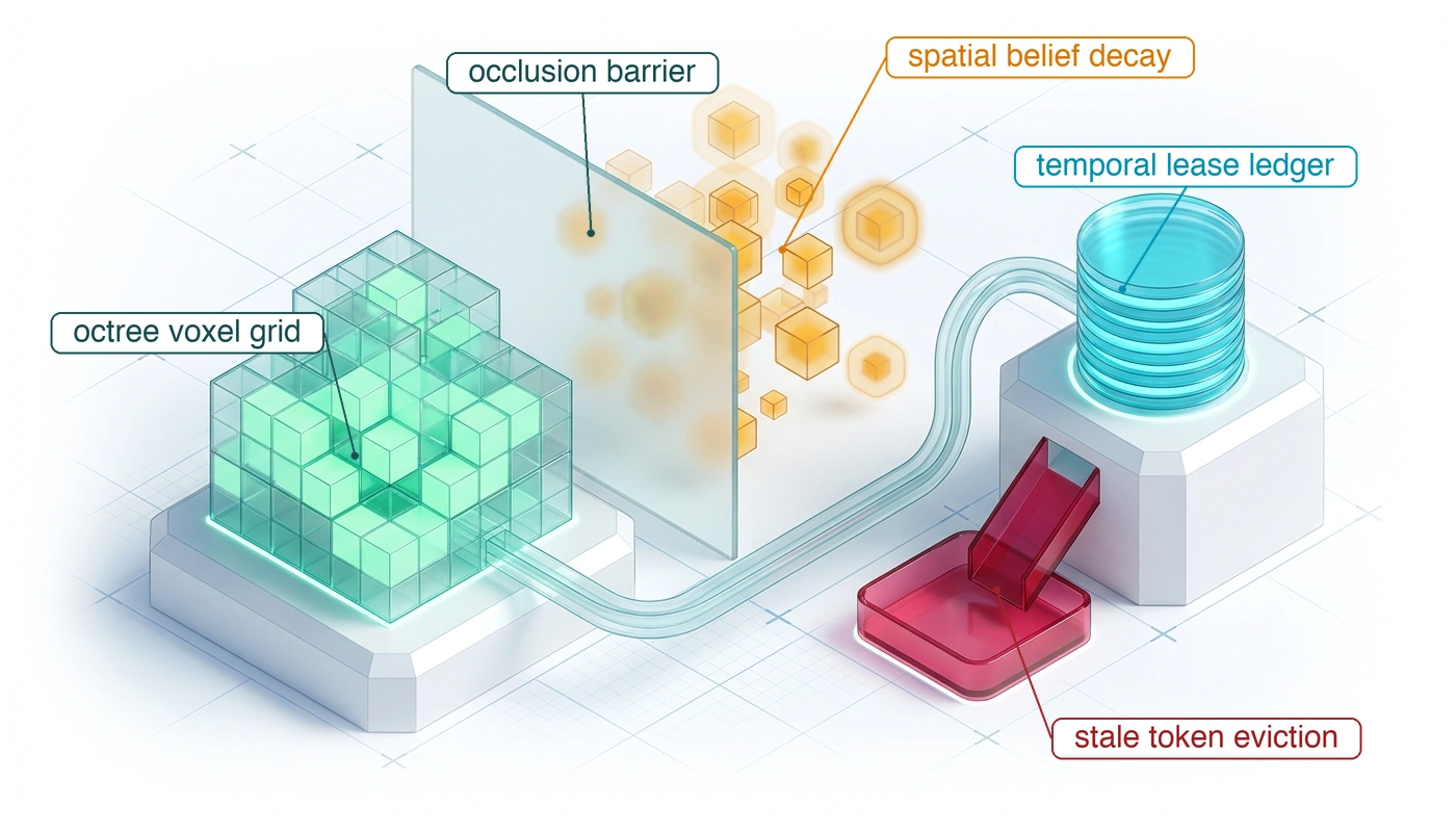 Isometric blueprint showing persistent spatial memory: tiered octree 3D voxel grid with fresh observation updates, frosted glass occlusion divider, floating spatial belief decay uncertainty halos, cylindrical temporal lease ledger, and crimson stale token eviction basin.