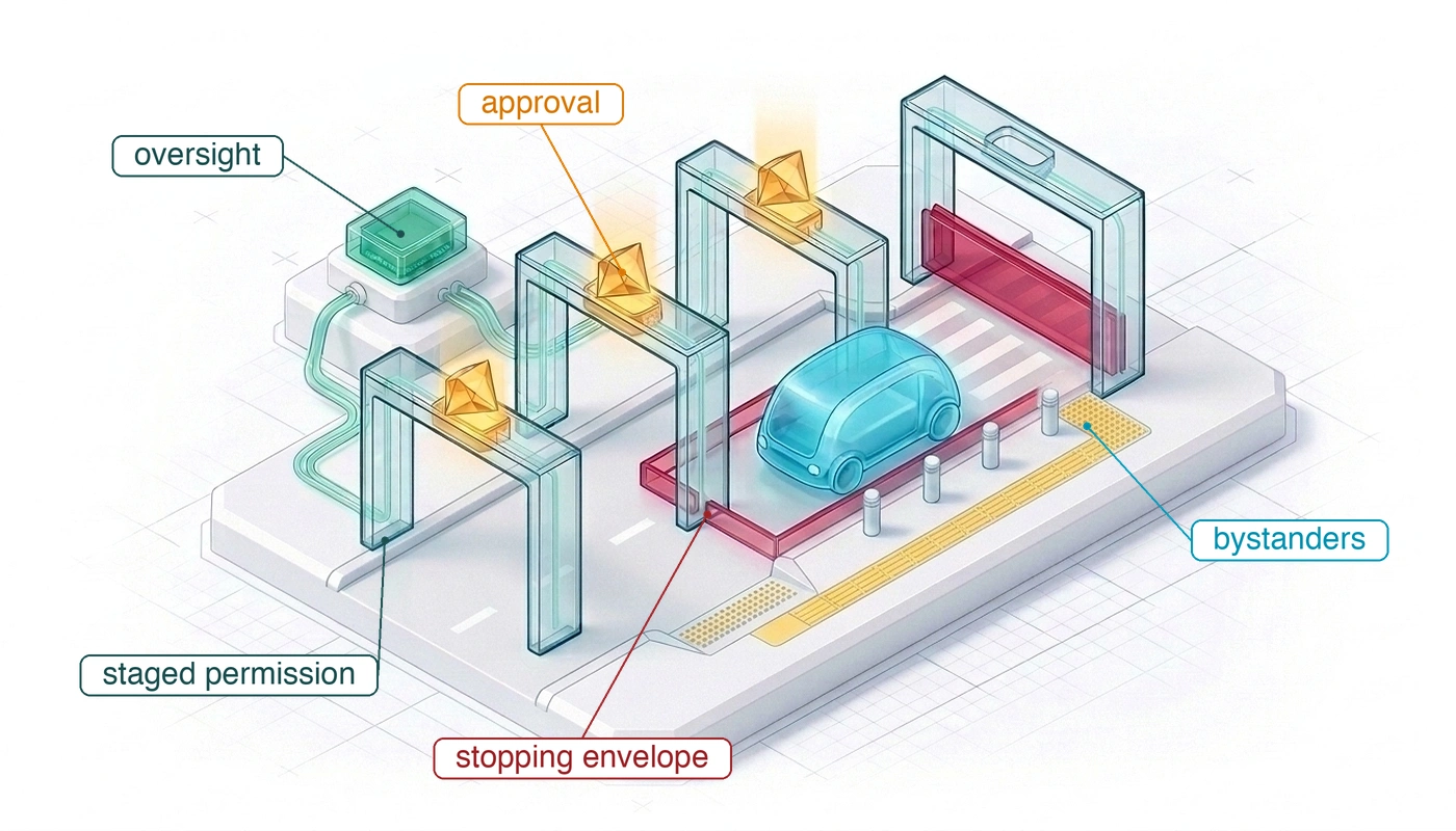 Isometric blueprint of staged permission: a driverless vehicle moves along a road through a series of gates, each opened by an amber approval seal and linked to an oversight console, toward a final gate that stays closed without one; a red stopping envelope surrounds the vehicle and reaches over a crosswalk, where a curb ramp, tactile paving, and bollards mark the space people on foot share with it.