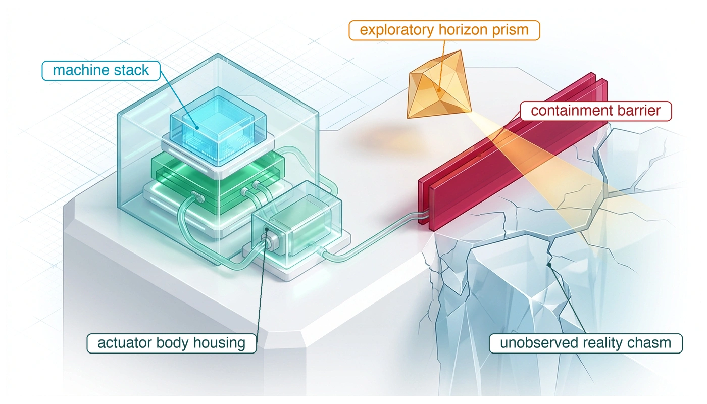Isometric blueprint of the epistemic frontier: a layered physical AI stack under glass, a red containment barrier at the edge of a chasm labeled unobserved reality, and an amber prism projecting a diagnostic beam across it.